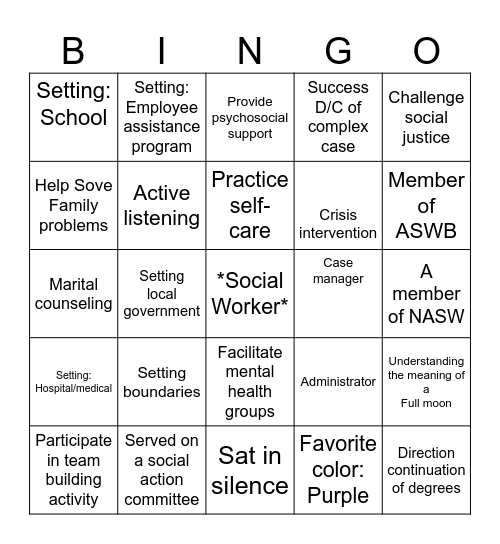 BINGO SOCIAL WORK ADDITION Bingo Card
