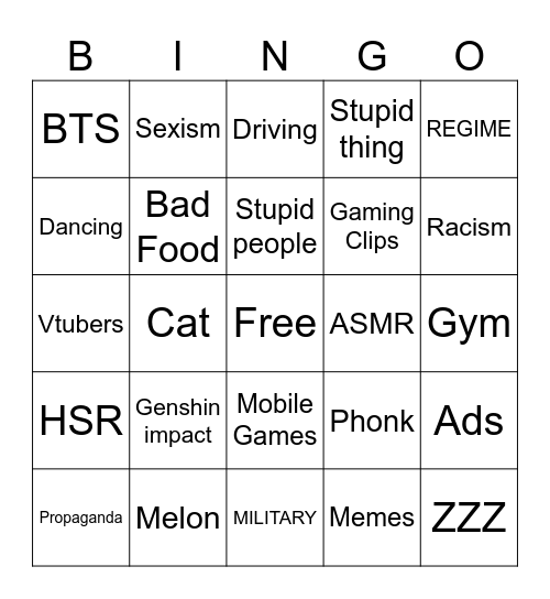 Chinese tiktok bingo Card