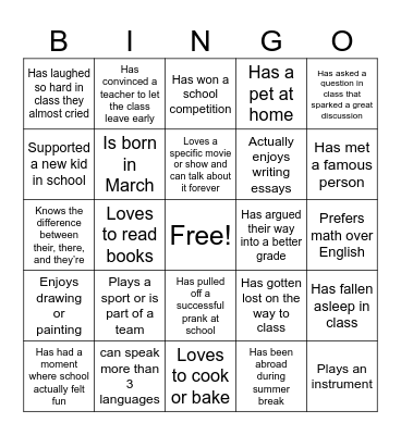 English Class Warm Up Bingo Card