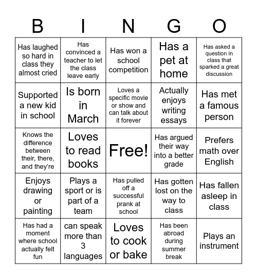 English Class Warm Up Bingo Card