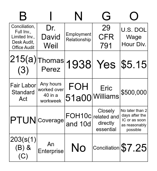 WAGE HOUR Bingo Card