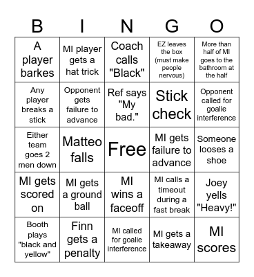 MIHS Lacrosse BINGO Card