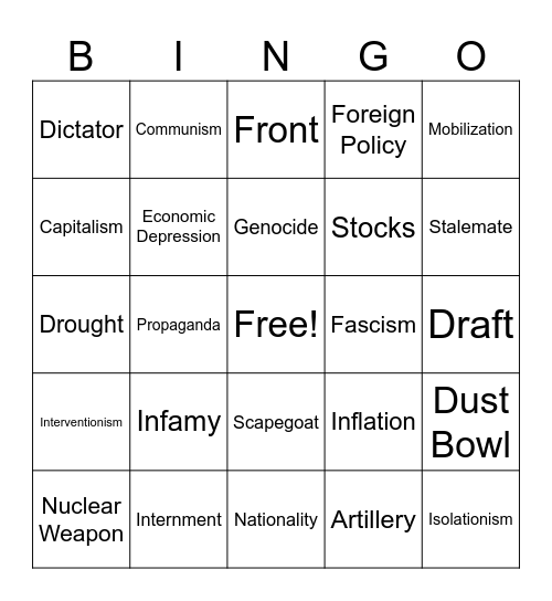 WWII Vocab Bingo Card