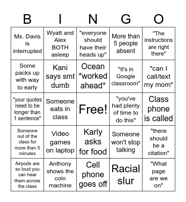 English Class Bingo Card