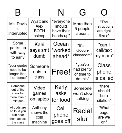 English Class Bingo Card