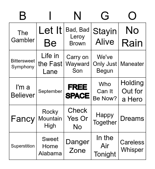 60s-90s Hits Bingo Card