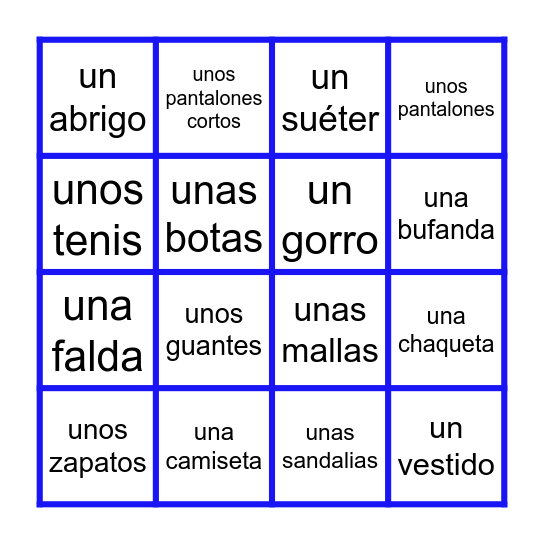 LA ROPA - CLOTHING Bingo Card