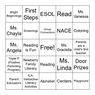 Newberry Family Literacy Bingo Card