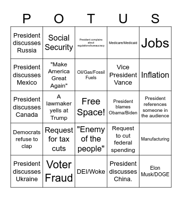 President Trump Address To A Joint Session of Congress BINGO Card