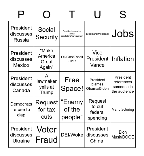 President Trump Address To A Joint Session of Congress BINGO Card