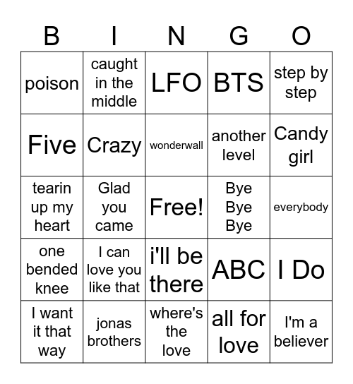Boy Bands Showdown bingo Card