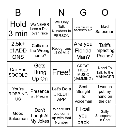 Car Negotiation Bingo! Bingo Card