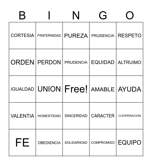 BINGO DE VALORES UNIVERSALES Bingo Card