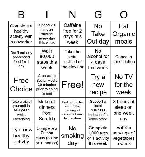 Wellness Challenge Week 2 Bingo Card