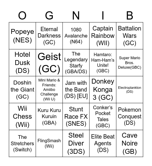 Eggworth Round 1 (Obscure Nintendo Games) Bingo Card