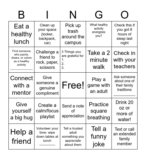 Sources of Strength Bingo Card