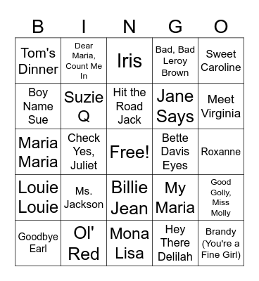Songs With Names In The Title Bingo Card
