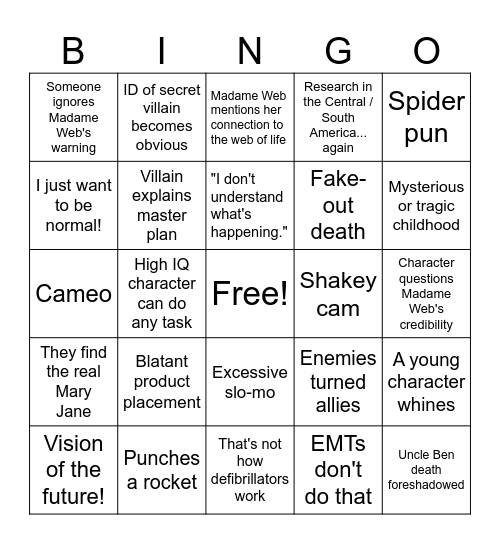 Madame Web Bingo Card