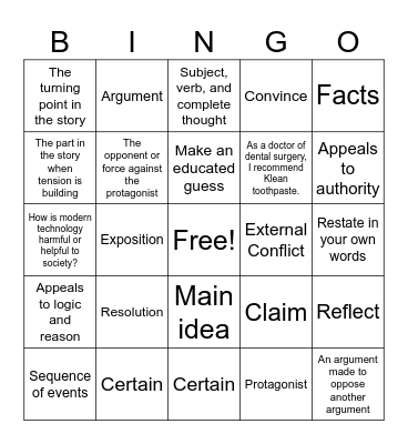 ELA Bingo Card