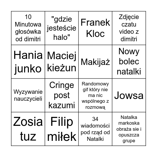 Bingo grupczat natalka/dimitri/nikola Bingo Card