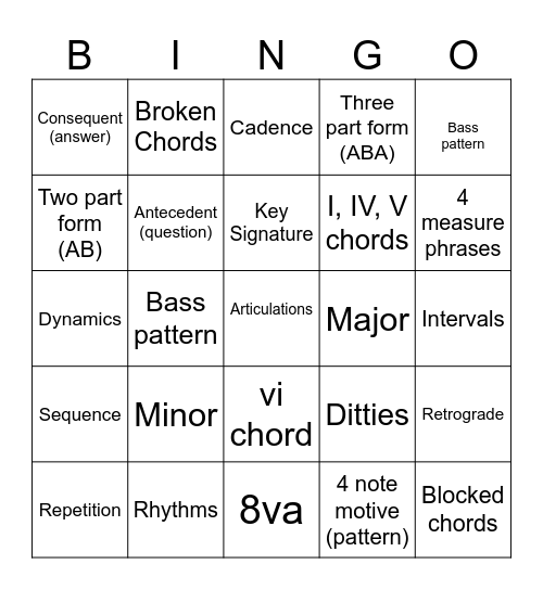 Piano Composition Bingo Card