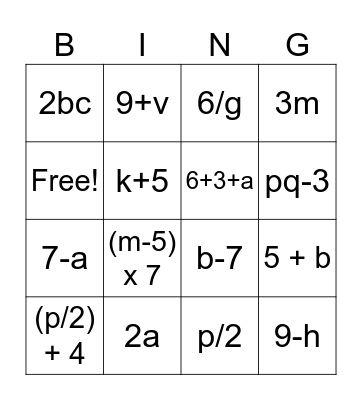 Language in Algebra Bingo Card