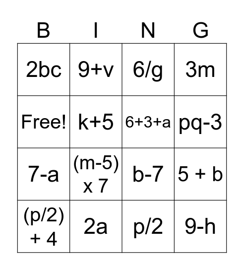 Language in Algebra Bingo Card