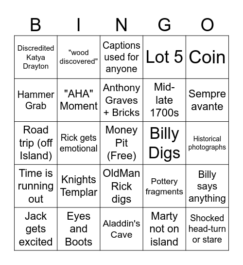Curse of Oak Island Bingo Card