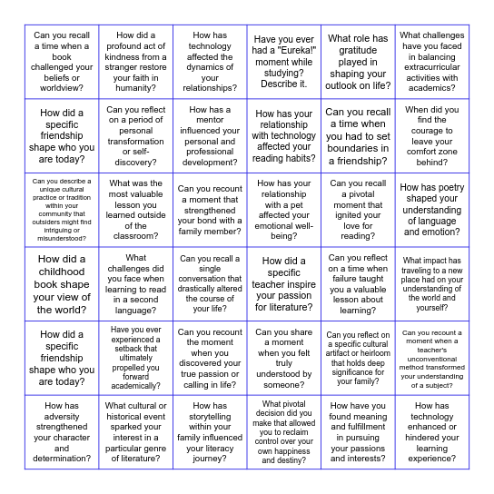 Personal Narrative Ideas Bingo Card