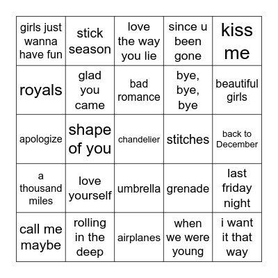 Punk Goes Pop Bingo Card