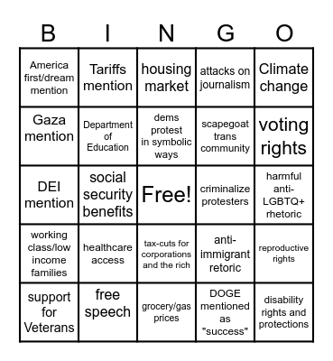 State of The Union Bingo Card