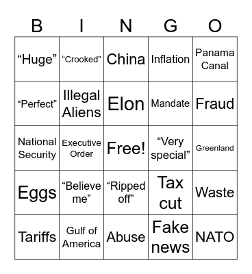 2025 Address to Congress Bingo Card