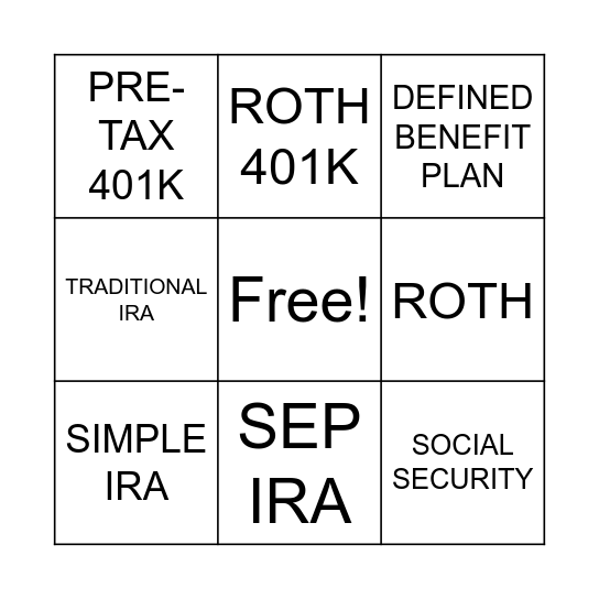 Retirement Account BINGO Card