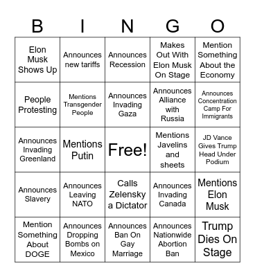 Trump Congress Speech Bingo Card