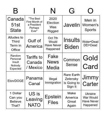 Trump Speech Bingo Card