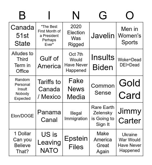 Trump Speech Bingo Card