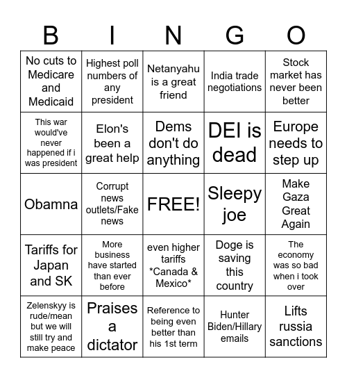 SOTU SPEECH Bingo Card