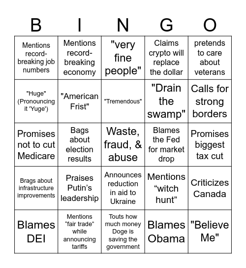 2025 State Of The Union Bingo Card