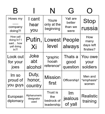 Mission command Bingo Card
