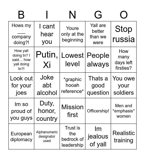 Mission command Bingo Card