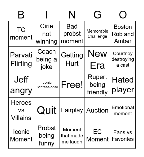 Survivor Bingo Card