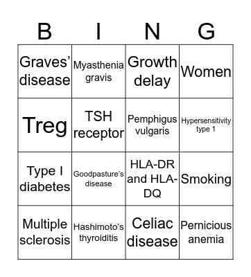 Non-Rheumatic Autoimmune Disease Bingo Card