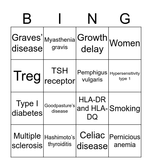 Non-Rheumatic Autoimmune Disease Bingo Card