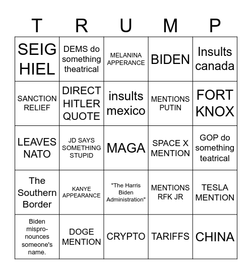 State of the Union Bingo Card