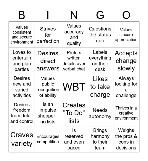 Working Better Together Bingo Card