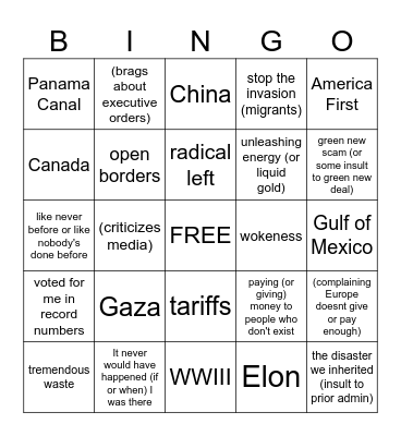 Trump Bingo Mar 4 2025 Bingo Card