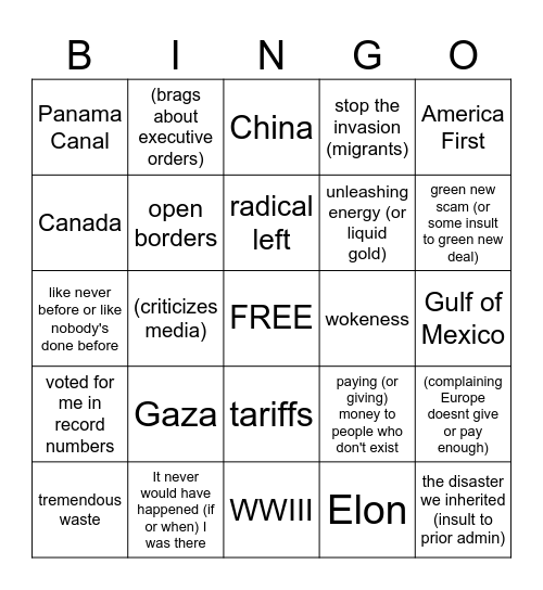 Trump Bingo Mar 4 2025 Bingo Card