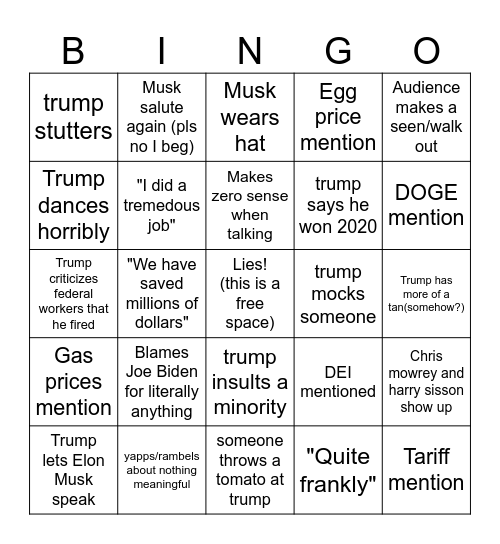 Unplugged Trump Address 2025 Bingo Card