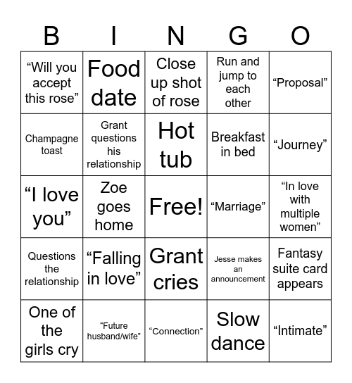 Bachelor Fantasy Suite Bingo Card