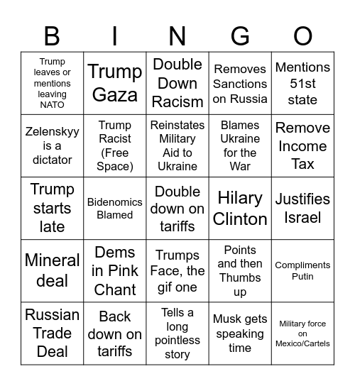 Trump Address to Congress Bingo Card